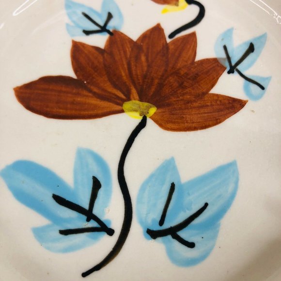 Vintage Round Ceramic Ashtray Flowers Blue Brown 4 7/8" Cigarette Stoneware - Picture 3 of 6